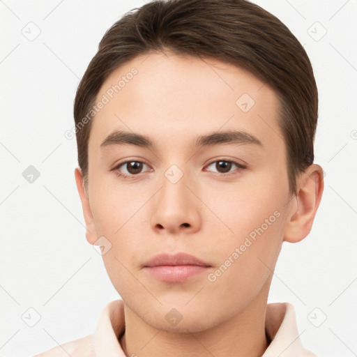 Neutral white young-adult male with short  brown hair and brown eyes