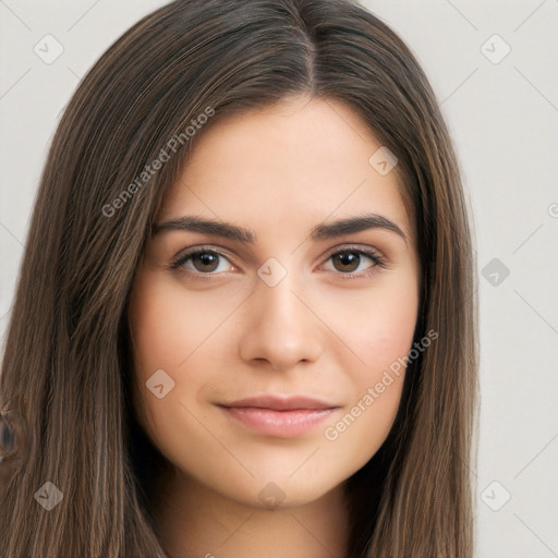 Neutral white young-adult female with long  brown hair and brown eyes