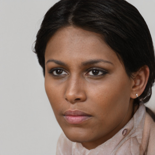Neutral black young-adult female with short  brown hair and brown eyes