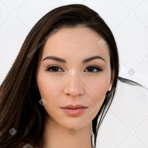 Neutral white young-adult female with long  brown hair and brown eyes