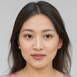 Neutral asian young-adult female with medium  brown hair and brown eyes