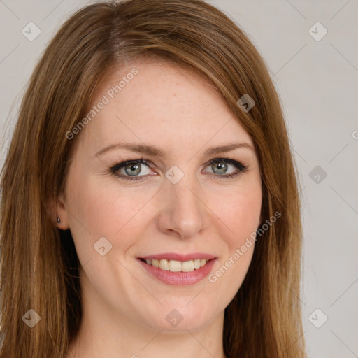 Joyful white young-adult female with long  brown hair and green eyes