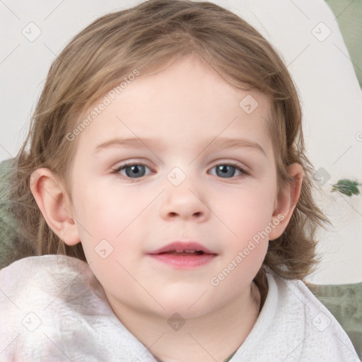 Neutral white child female with medium  brown hair and blue eyes