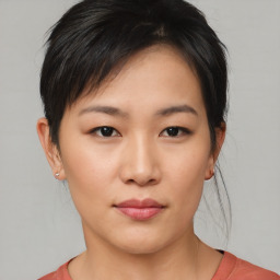 Neutral asian young-adult female with short  brown hair and brown eyes