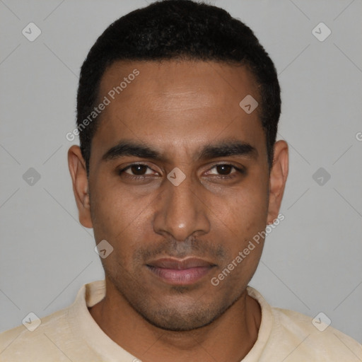 Neutral black young-adult male with short  black hair and brown eyes