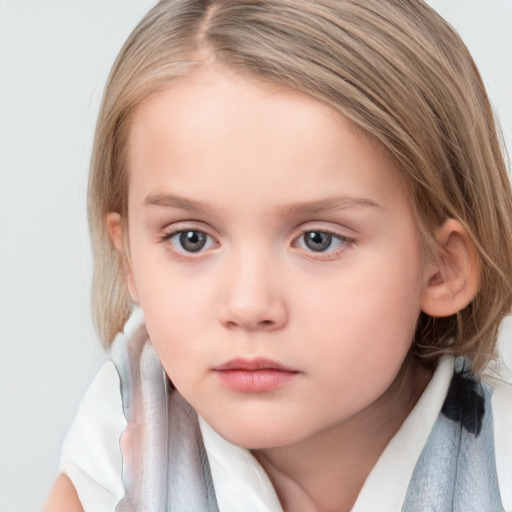 Neutral white child female with medium  brown hair and blue eyes