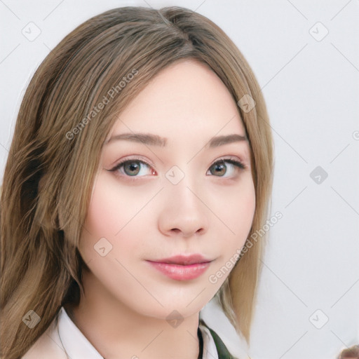 Neutral white young-adult female with long  brown hair and blue eyes