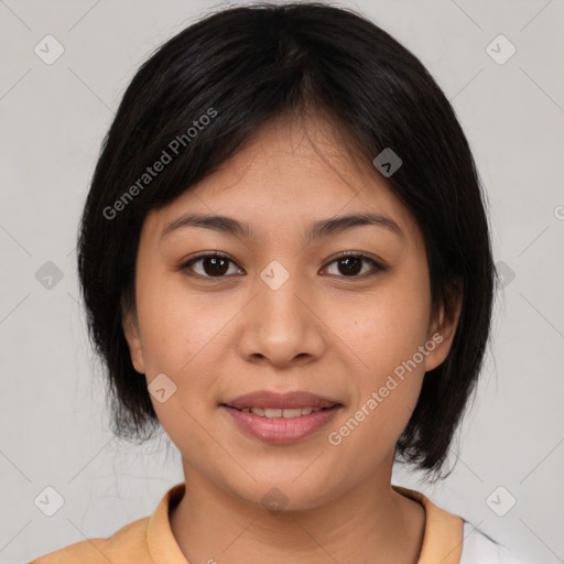 Joyful white young-adult female with medium  brown hair and brown eyes