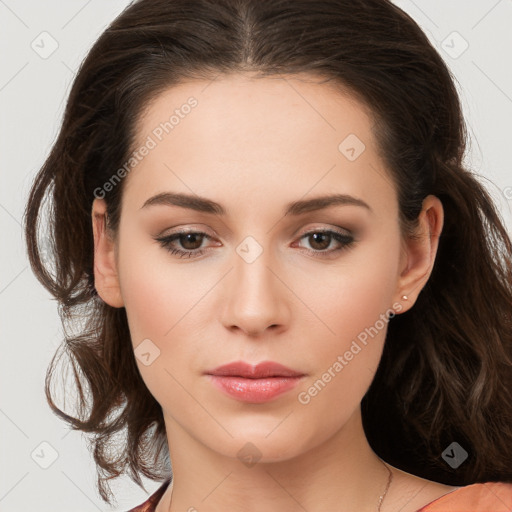 Neutral white young-adult female with long  brown hair and brown eyes