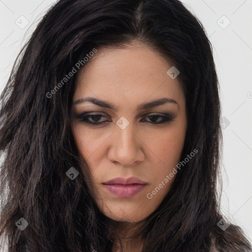 Neutral latino young-adult female with long  brown hair and brown eyes