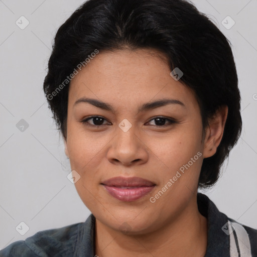 Joyful asian young-adult female with medium  black hair and brown eyes