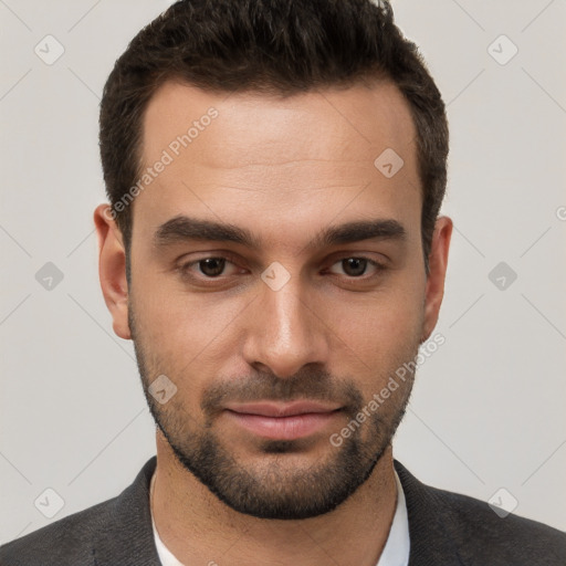 Neutral white young-adult male with short  brown hair and brown eyes