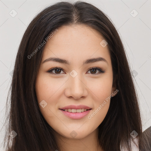 Joyful asian young-adult female with long  brown hair and brown eyes