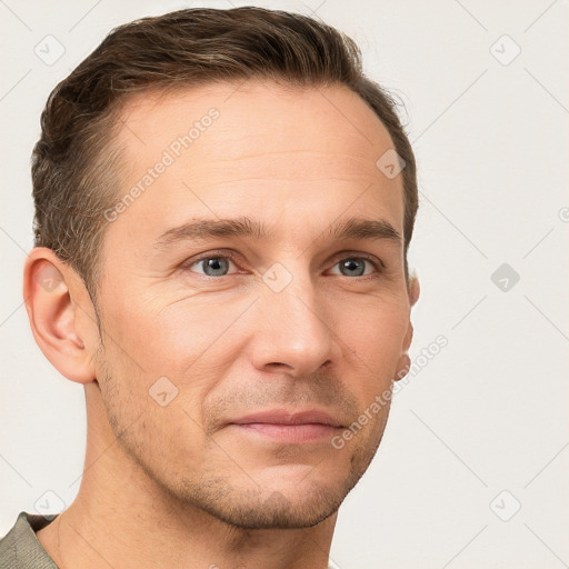 Neutral white young-adult male with short  brown hair and grey eyes