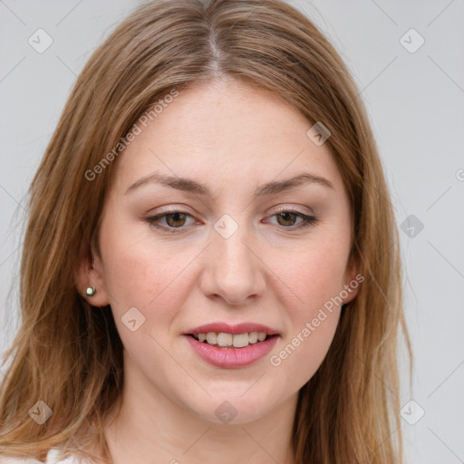 Joyful white young-adult female with long  brown hair and green eyes