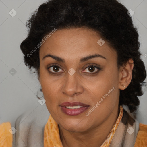 Joyful latino young-adult female with short  brown hair and brown eyes