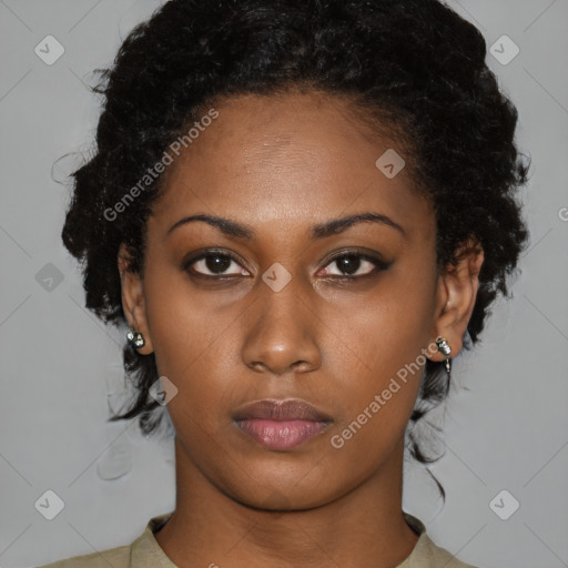 Neutral black young-adult female with short  black hair and brown eyes