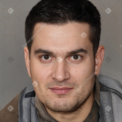 Joyful white young-adult male with short  brown hair and brown eyes