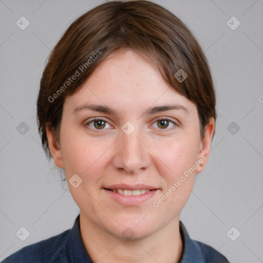 Joyful white young-adult female with medium  brown hair and grey eyes