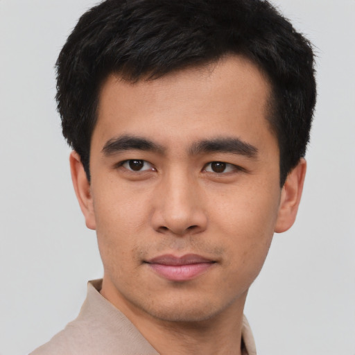 Neutral asian young-adult male with short  black hair and brown eyes
