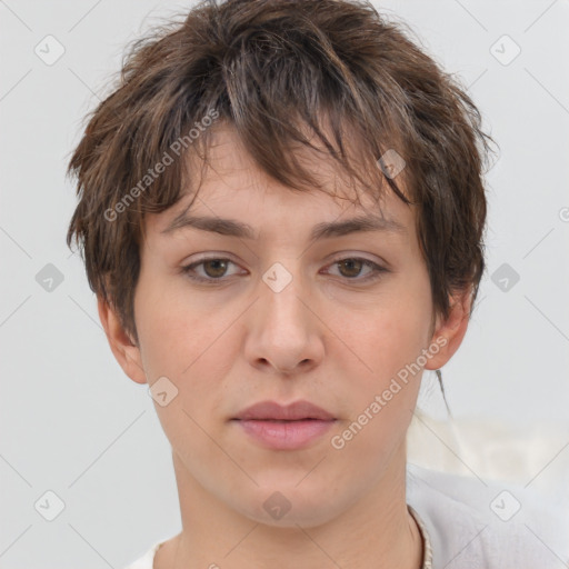 Neutral white young-adult female with short  brown hair and brown eyes