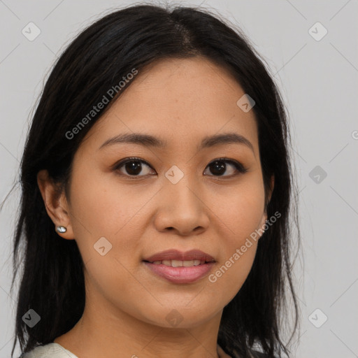 Joyful asian young-adult female with medium  brown hair and brown eyes