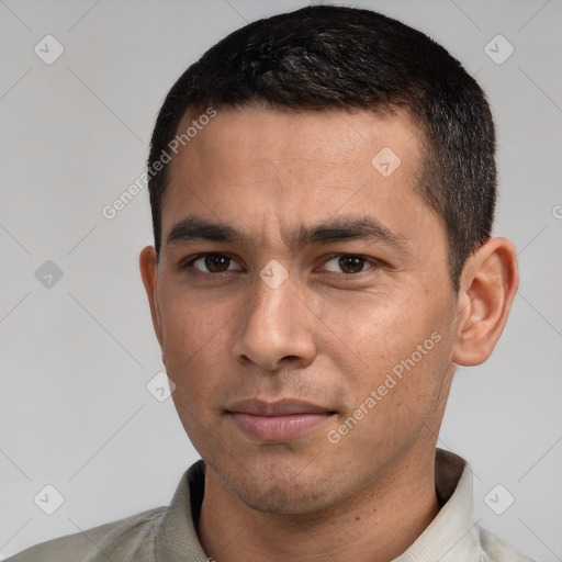 Neutral white young-adult male with short  brown hair and brown eyes