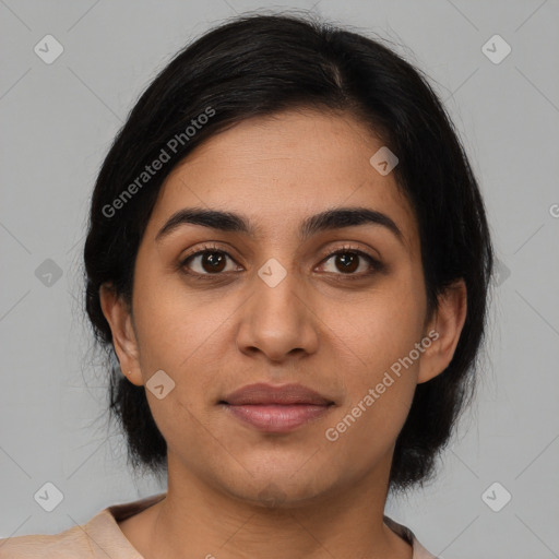 Joyful latino young-adult female with medium  black hair and brown eyes