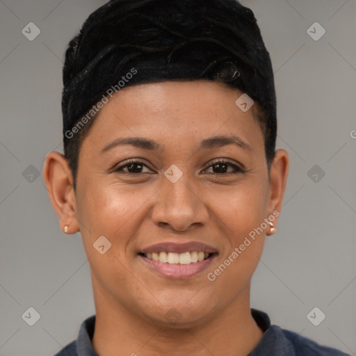 Joyful latino young-adult female with short  brown hair and brown eyes