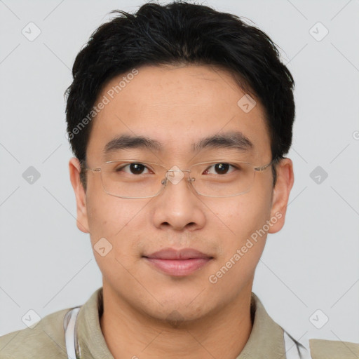 Neutral asian young-adult male with short  brown hair and brown eyes