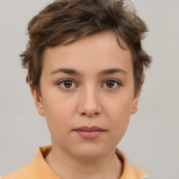 Neutral white young-adult female with short  brown hair and brown eyes