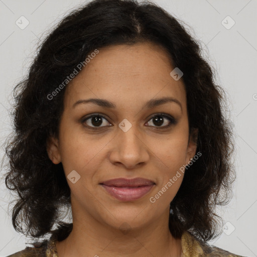 Joyful black young-adult female with medium  brown hair and brown eyes