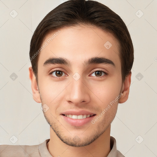 Joyful white young-adult male with short  brown hair and brown eyes