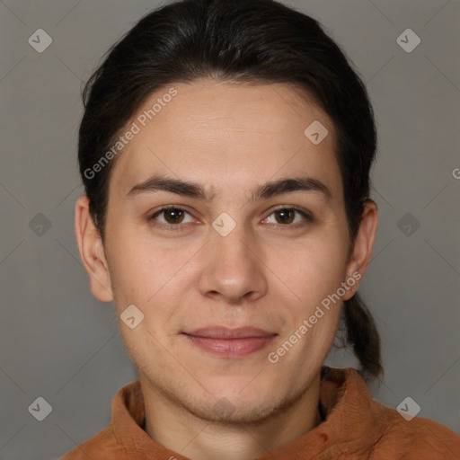 Joyful white young-adult female with short  brown hair and brown eyes