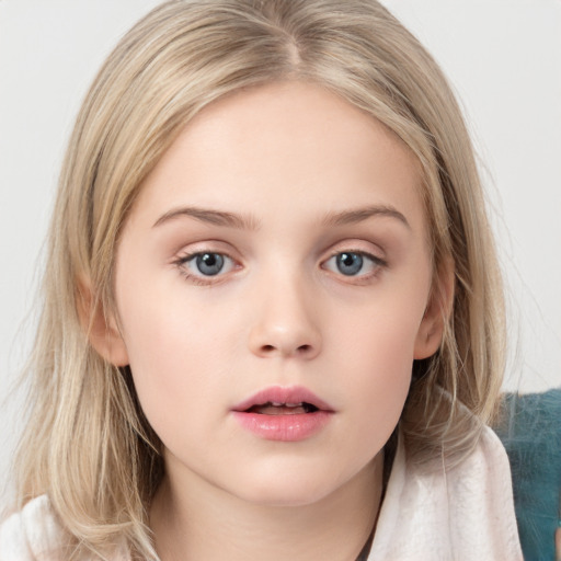 Neutral white child female with medium  brown hair and blue eyes