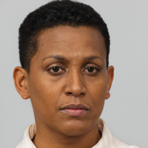 Neutral latino adult female with short  brown hair and brown eyes