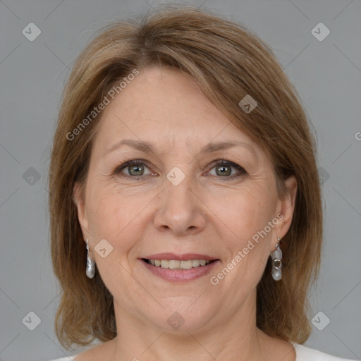 Joyful white adult female with medium  brown hair and grey eyes