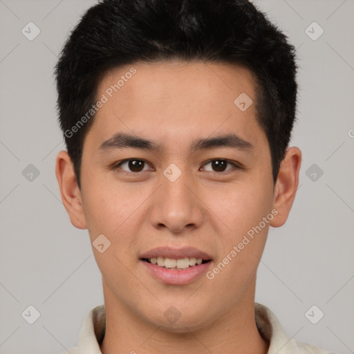 Joyful latino young-adult male with short  brown hair and brown eyes