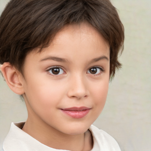 Joyful white child female with short  brown hair and brown eyes