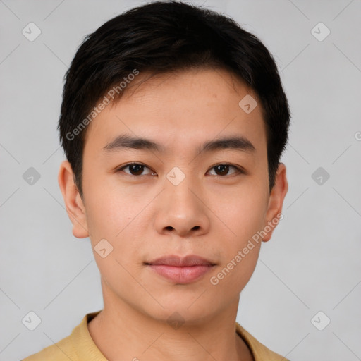 Neutral asian young-adult male with short  brown hair and brown eyes