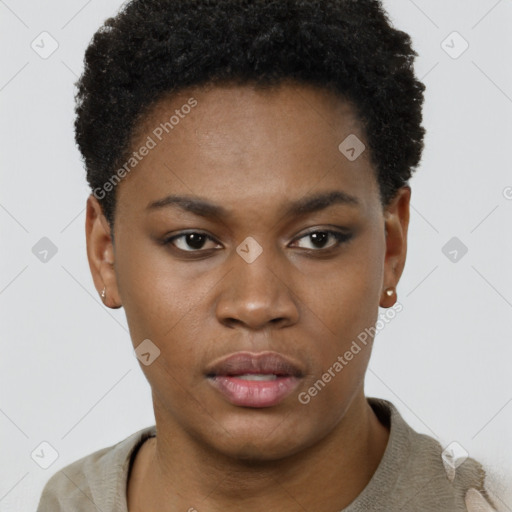 Neutral black young-adult female with short  brown hair and brown eyes