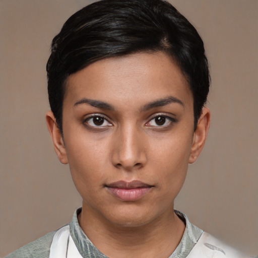 Neutral asian young-adult female with short  black hair and brown eyes