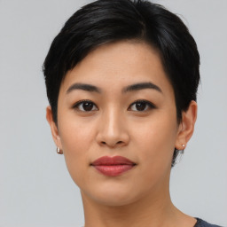 Neutral asian young-adult female with short  black hair and brown eyes