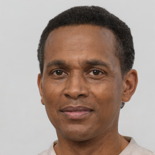 Neutral black adult male with short  black hair and brown eyes