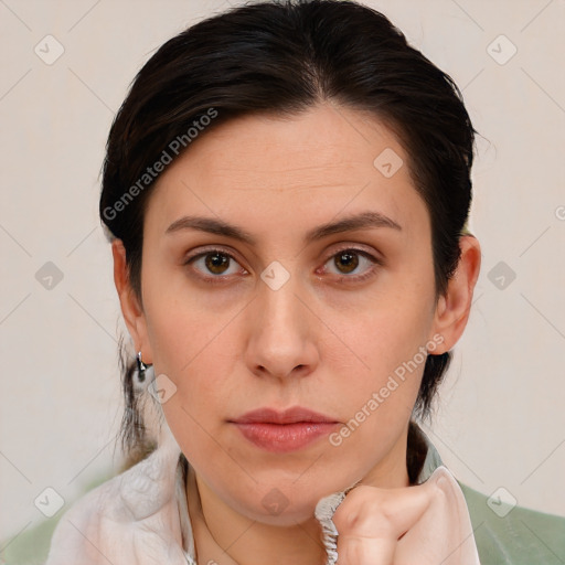 Neutral white young-adult female with medium  brown hair and brown eyes