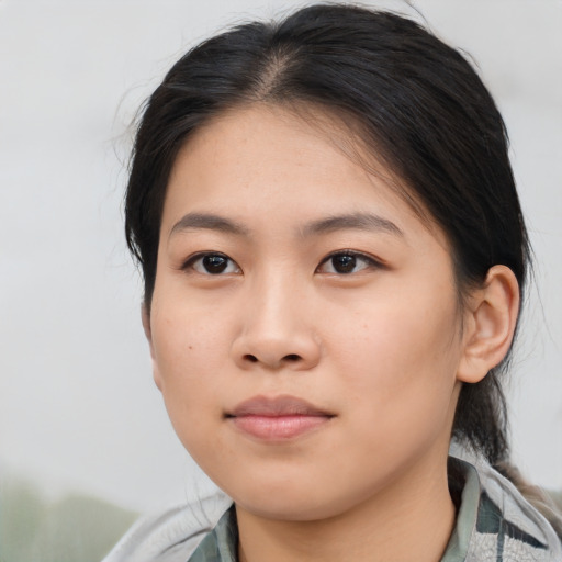 Neutral asian young-adult female with medium  black hair and brown eyes
