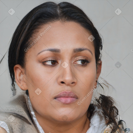 Neutral asian young-adult female with medium  brown hair and brown eyes