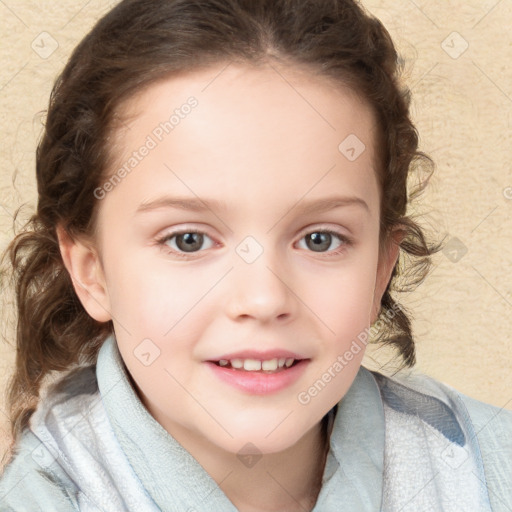 Joyful white child female with medium  brown hair and blue eyes