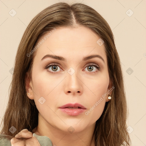 Neutral white young-adult female with long  brown hair and brown eyes