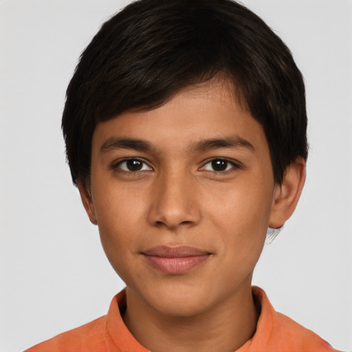 Joyful latino young-adult male with short  brown hair and brown eyes
